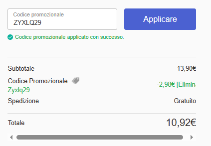 Codice promozionale ZYXLQ29 applicato con successo - Prezzo finale 10,92€